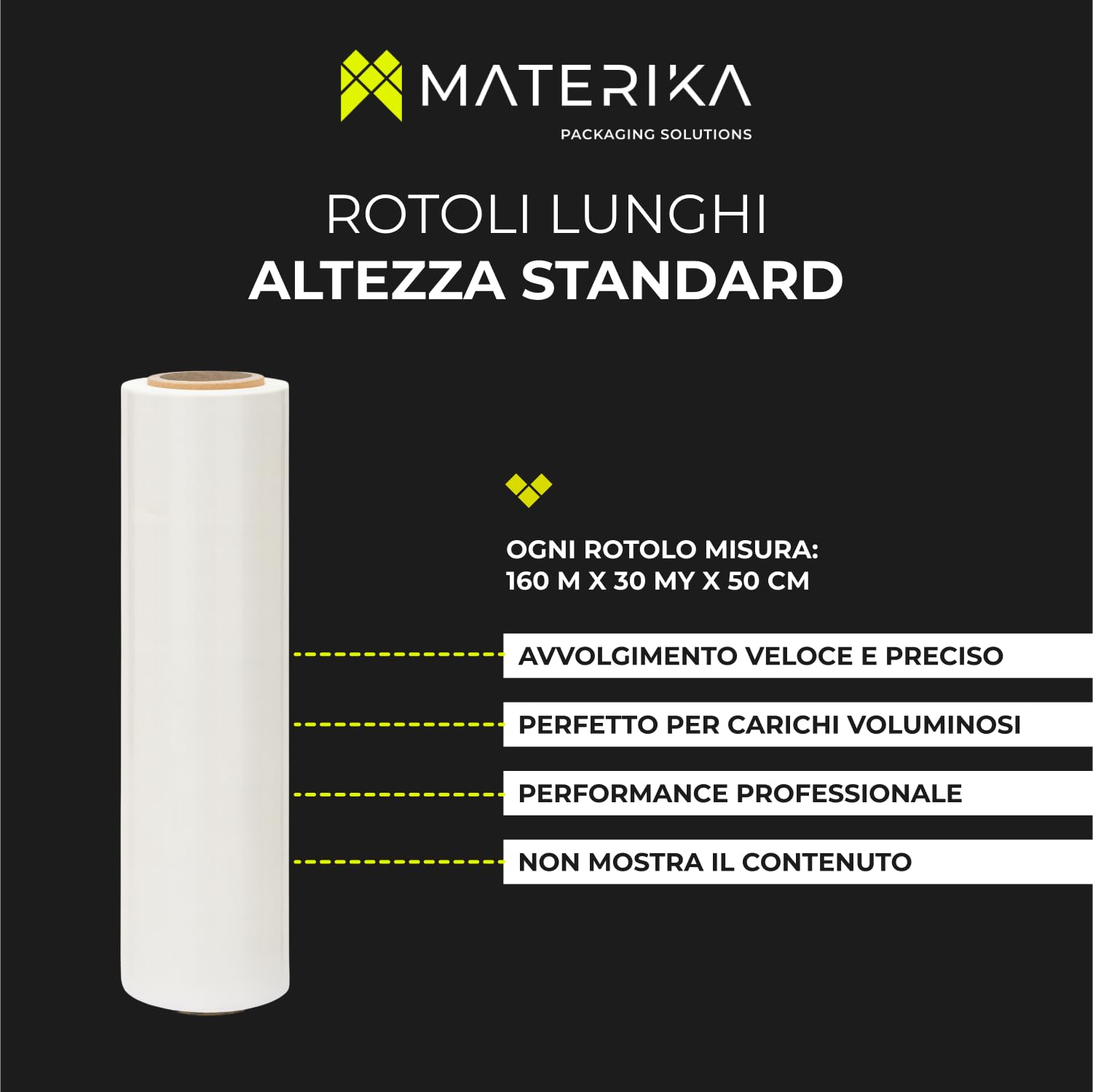 MATERIKA – Film Estensibile Bianco per Imballaggio, Traslochi e Spedizioni – 6 Rotoli da 160 m x 30 µ x 50 cm – Coprente, Antiurto, per Pallet, Scatole e Merci