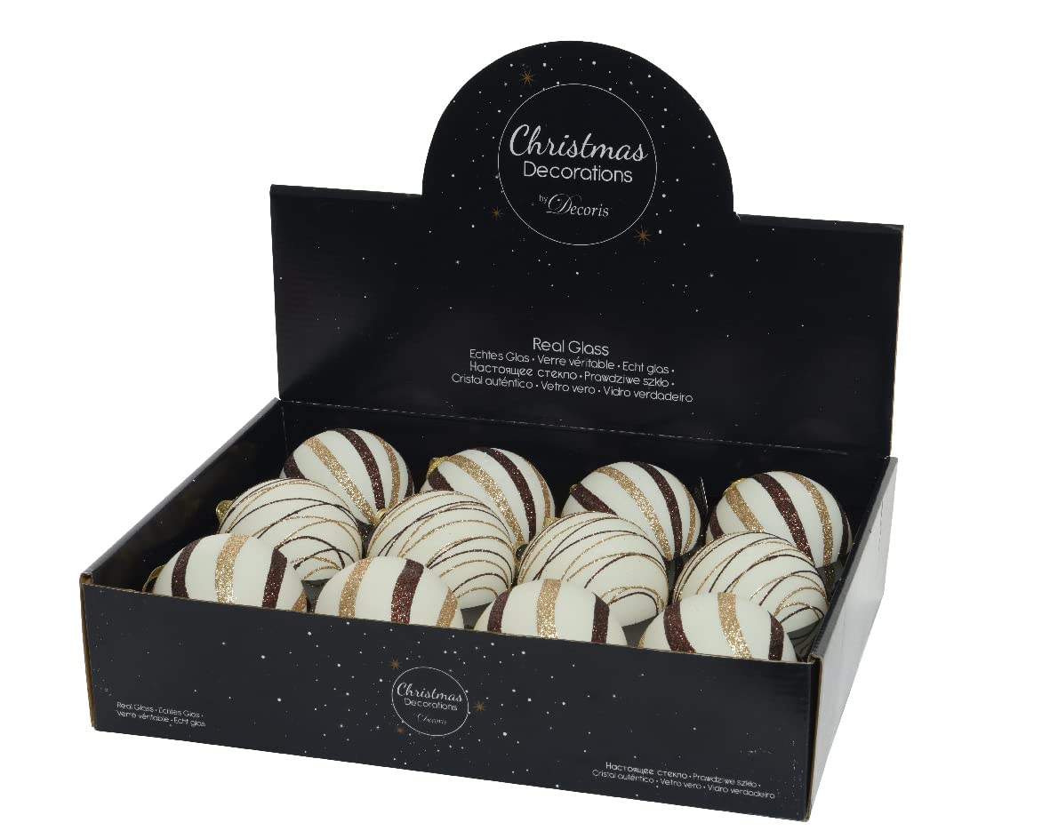 Kaemingk Lot de 12 boules de Noël en verre avec motif rayures Blanc laine marron 8 cm