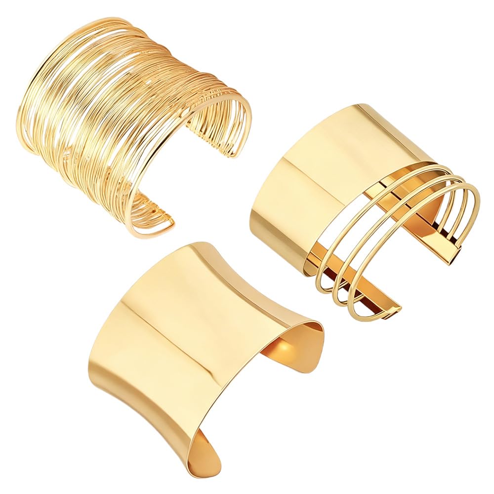 BWOOOWE Set 3 Pulseras Mujer Doradas Brazaletes Abiertos Anchos Estilo Minimalista Irregular Joyería Chic para Fiesta y Uso Diario