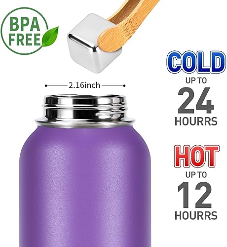 Miniatura 3 de Limonto Botella de agua aislada de 32 onzas con tapa de popote (2 tapas), botella de agua deportiva de acero inoxidable Vacumm de doble pared, taza