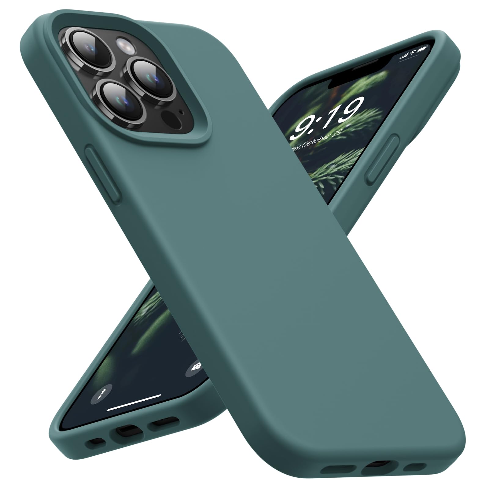 ouxul designed for iphone 14 pro case,shockproof liquid silicone protective phone case with soft anti-scratch microfiber lining ultra slim drop protection phone cover 6.1 inch(forest green)