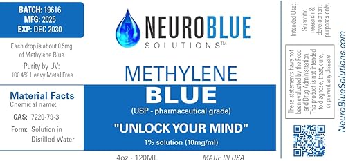 Miniatura 3 de NeuroBlue - Solución de azul de metileno 120 ml 1% - Grado farmacéutico UPC | Grado farmacéutico 99.99% con gotero, sin formaldehído, libre de