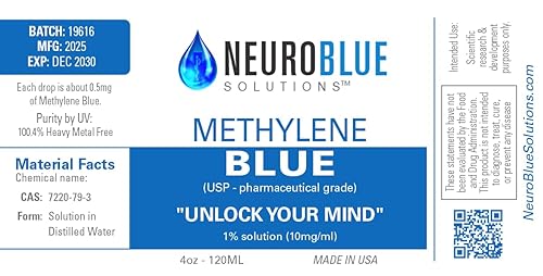 Miniatura 3 de NeuroBlue (4 onzas) 4.1 fl oz - Azul de metileno 4.1 fl oz 1% - Grado farmacéutico UPC l gotas | Grado farmacéutico 99.99% con gotero, sin