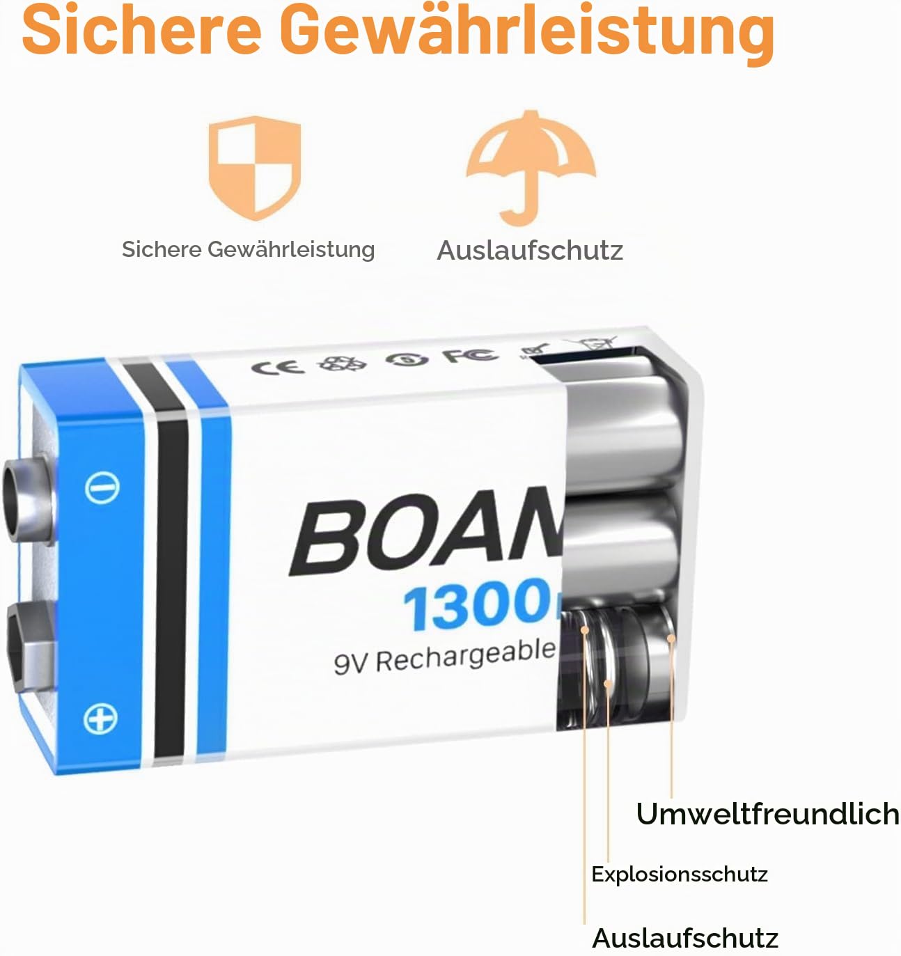 9V Akku Block Wiederaufladbare, 1300mAh 9V Lithium-ionen Batterie, Micro USB Ladegerät mit 2-in-1 Ladekabel für Rauchmelder, Alarme Tastatur Mikrofon (8 Stück)