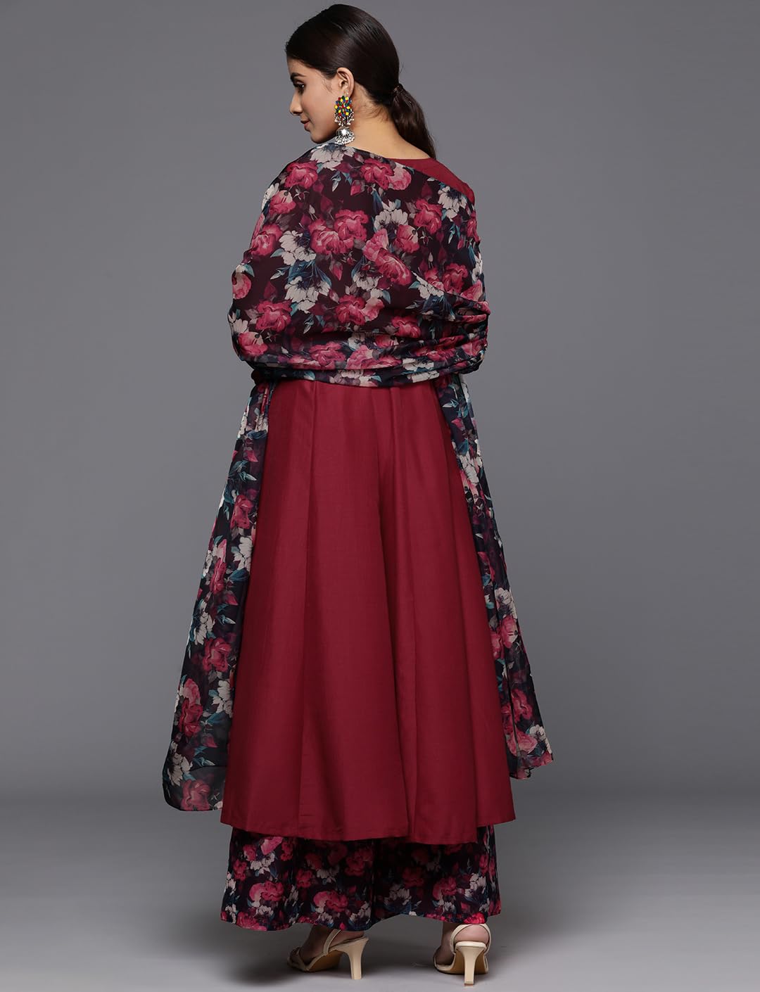 Varanga Women Maroon Anarkali Kurta Paired With Contrast Bottom And Dupatta