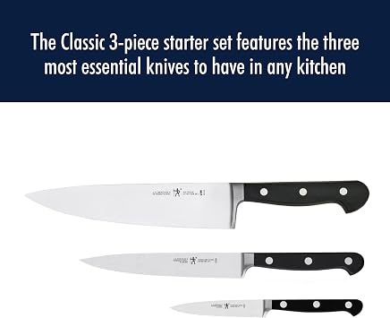 Henckels Classic 3-Pc Starter Chef Knife Set, Razor-Sharp German Engineered | Fully Forged Construction Provides Balance with Traditional Triple-Rivet Handles Enables Comfortable Easy Cutting.