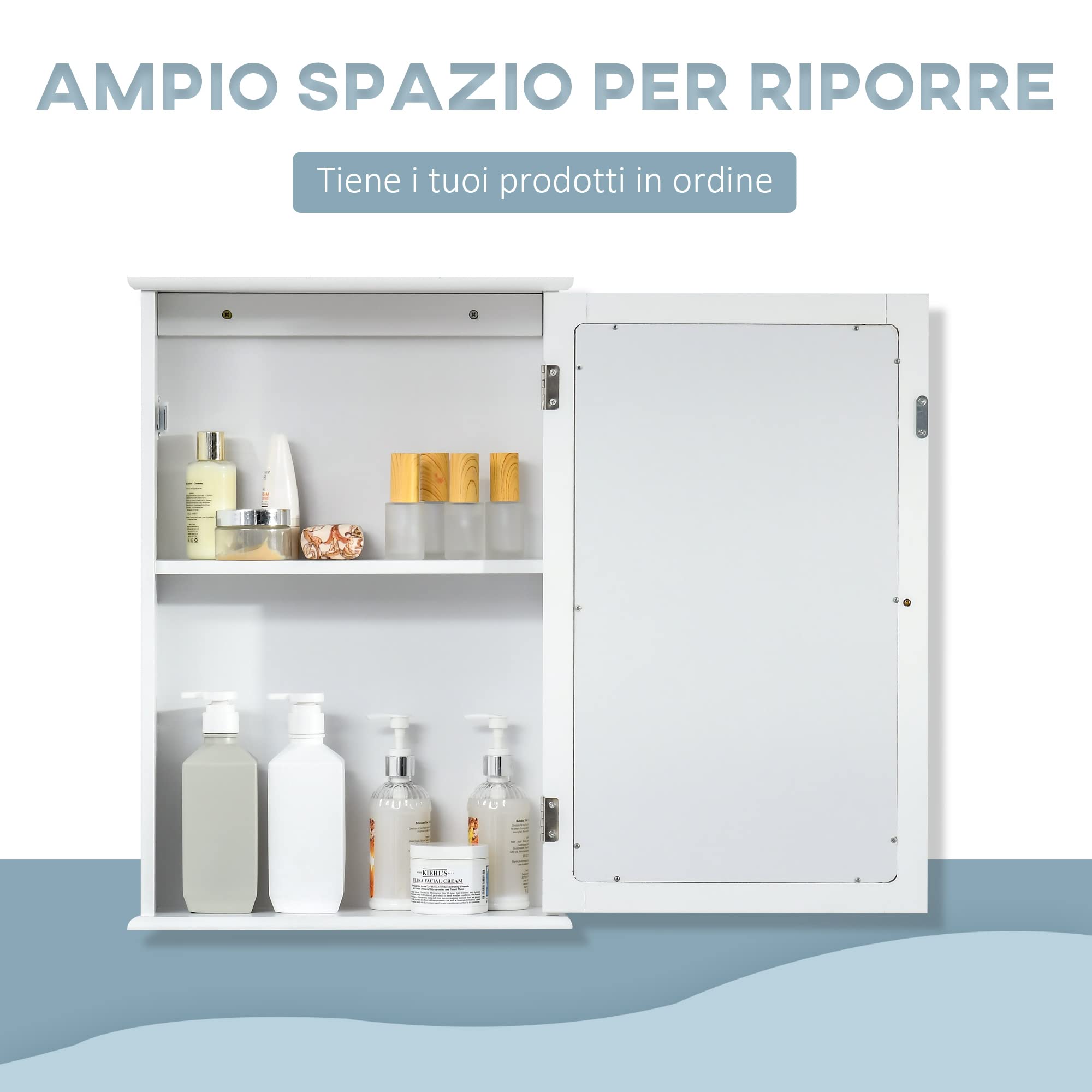 kleankin Specchio Bagno Contenitore con Chiusura Magnetica, Mobiletto Bagno da Parete Salvaspazio in Legno, 41x14x60cm, Bianco