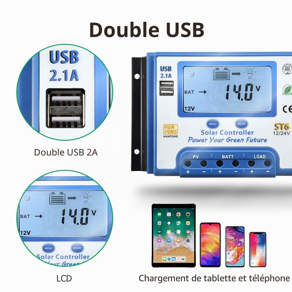 SolaMr 10A Régulateur de Charge Solaire 12V/24V Contrôleur de Charge Solaire avec Écran LCD et Double Port USB pour Batterie de Panneaux Solaires - ST6-10A