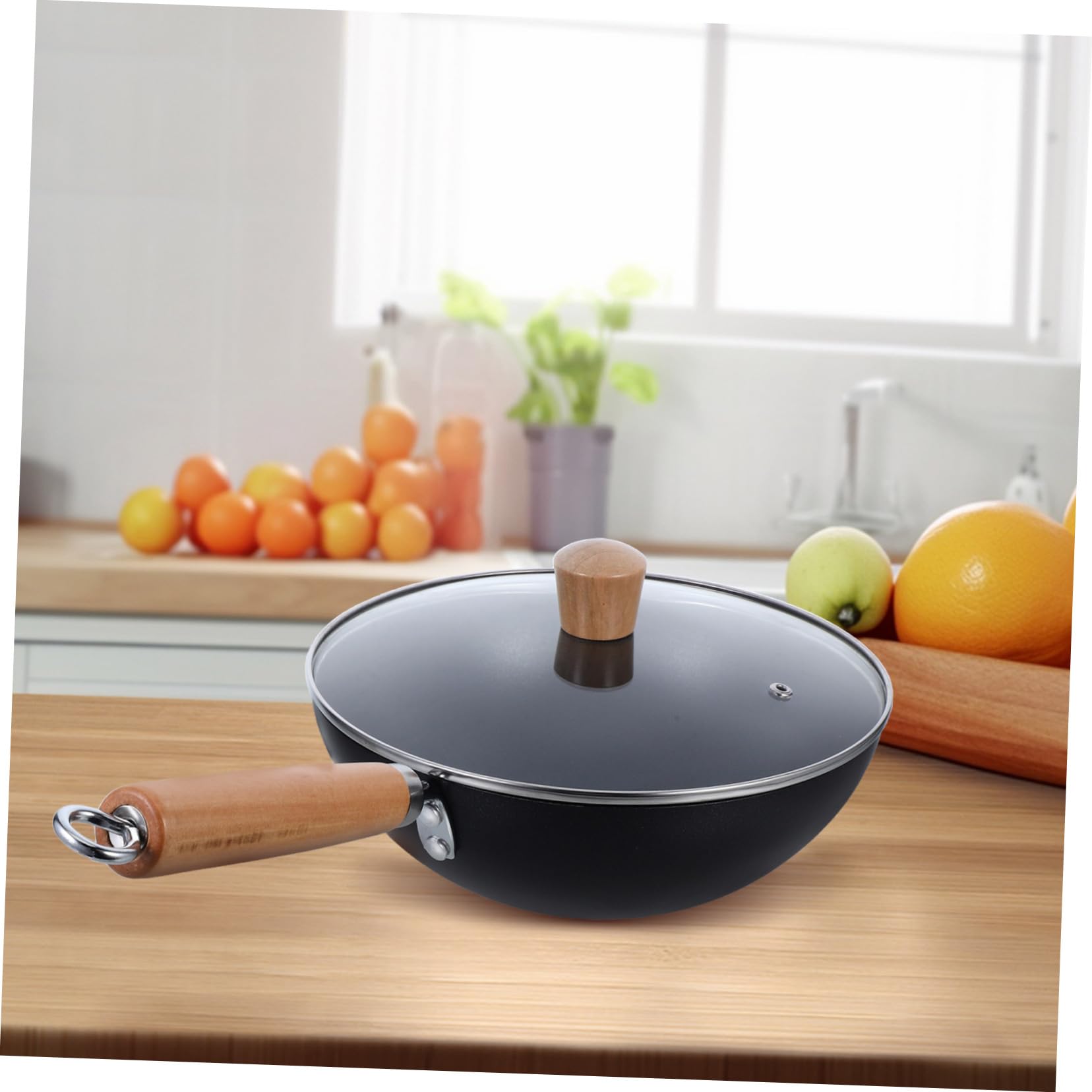 HEALLILY Padella in ferro con coperchio profondo antiaderente Wok design ergonomico manico in legno per cucina cucina comoda conservazione