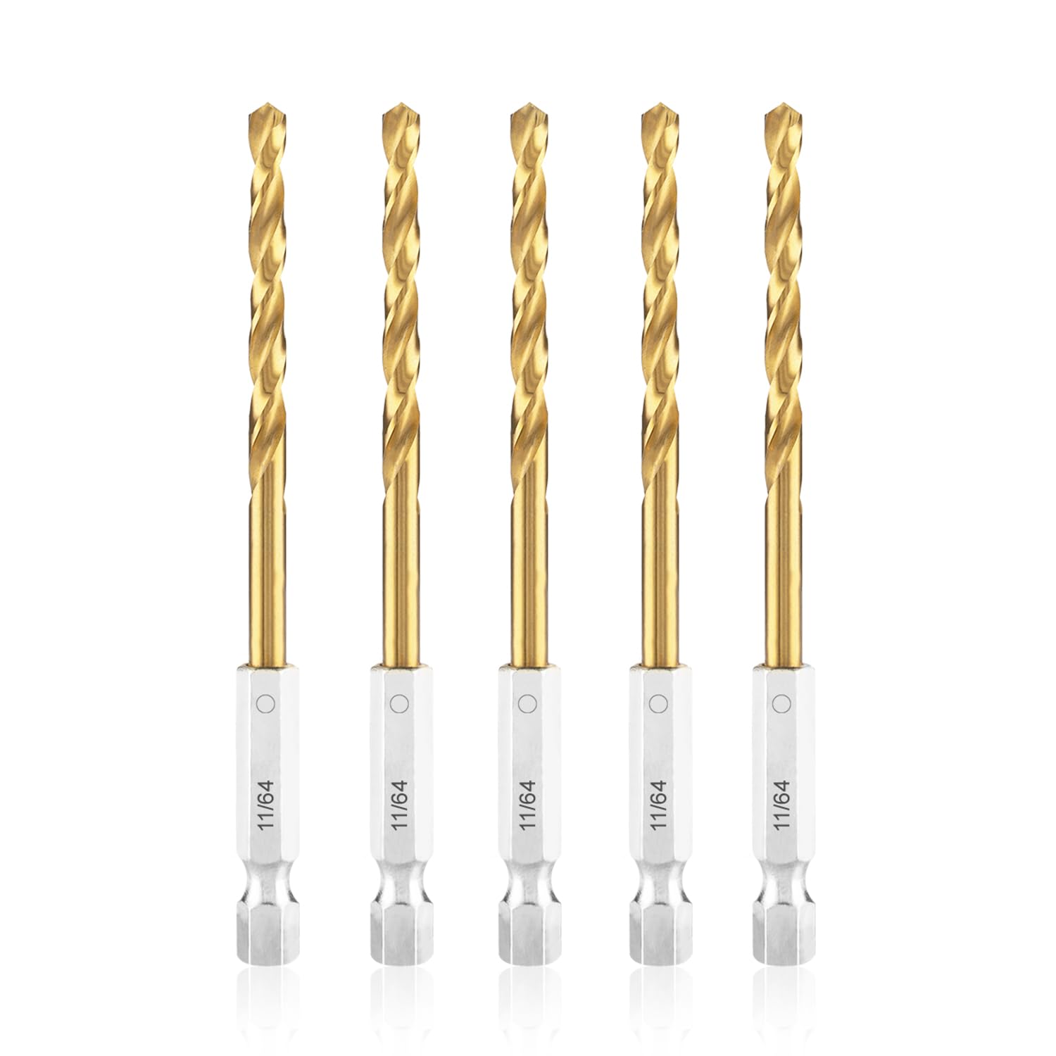 amoolo 11/64 Twist Drill Bit Set, 5Pcs Titanium HSS Hex Shank Impact Drill Bit Set for Metal, Steel, Wood, Plastic, Quick Change Design