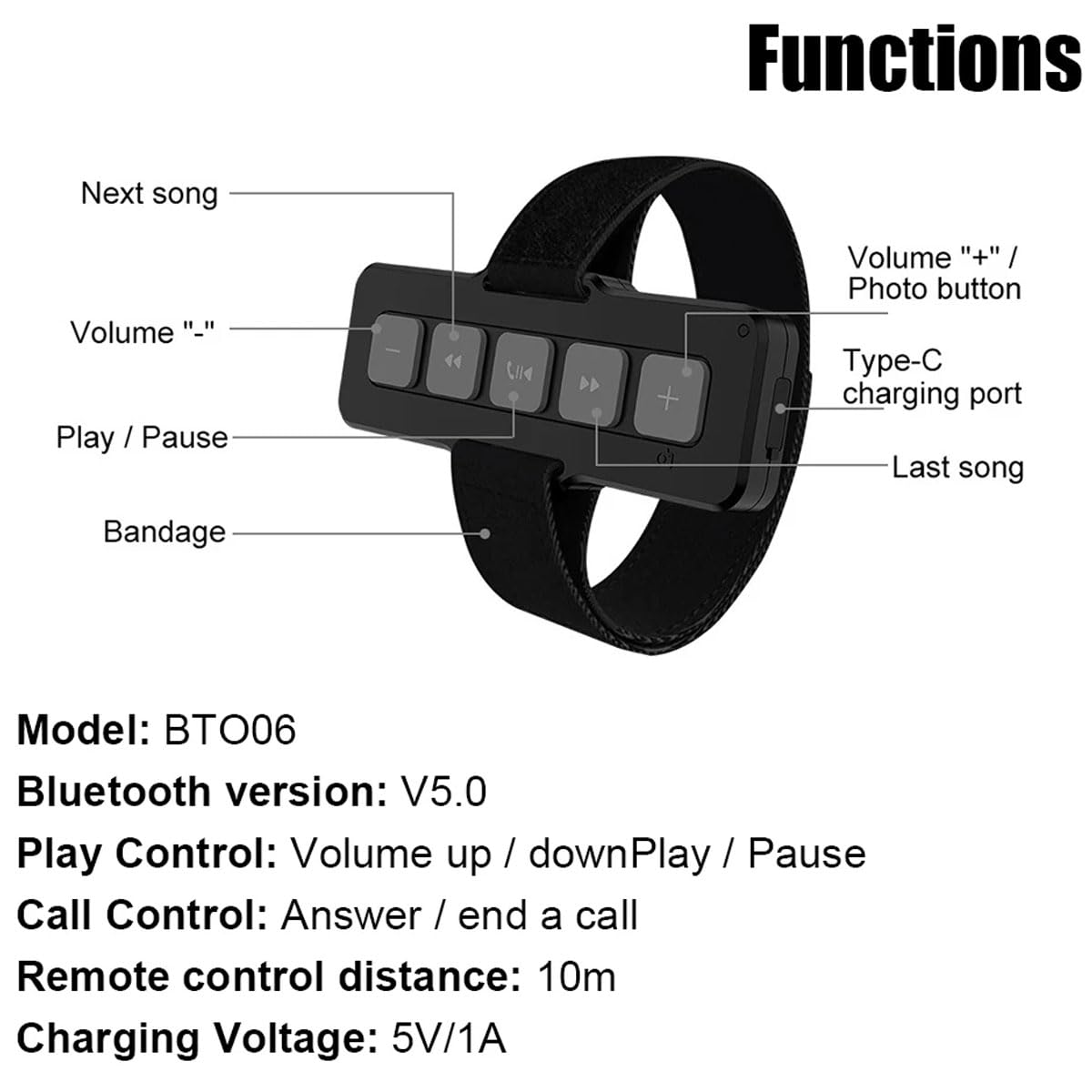 Bouton multimédia de télécommande Bluetooth 5.0 Portable et adhésif avec Bracelet, Contrôleur de téléphone Bluetooth IPX4 imperméable, Réponse aux appels, Musique de contrôle pour Voiture vélo Moto