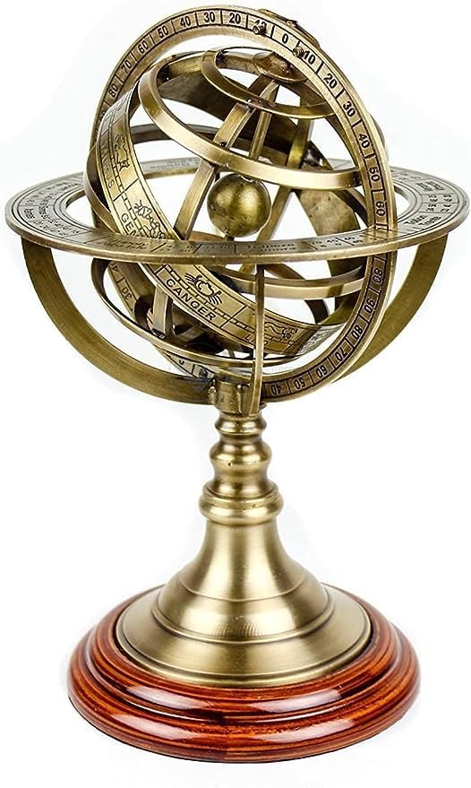 TSSI HANDICRAFT Antique Vintage Zodiac Armillary Brass Sphere Globe Wooden Display | Pirate's Antique Ship Decor Medium, Antique Brass.