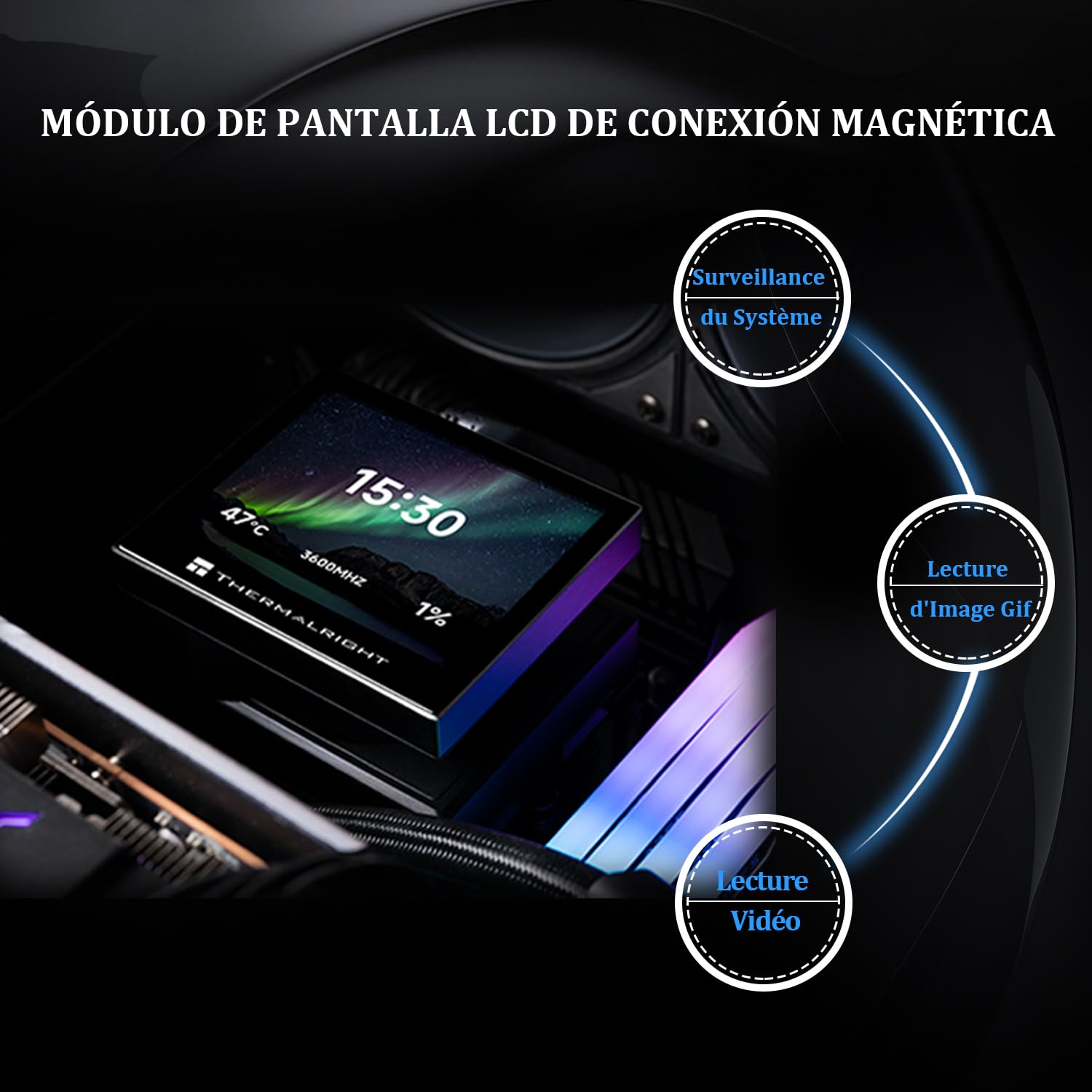 TR Stream Vision 360 Nero Aio CPU Cooler,Radiatore da 360 mm,LCD IPS a colori da 3,5 '' con ventola da 60 mm incorporata, Risoluzione 640x480, Testina di raffreddamento magnetica-AM4/AM5-LGA1851/1700