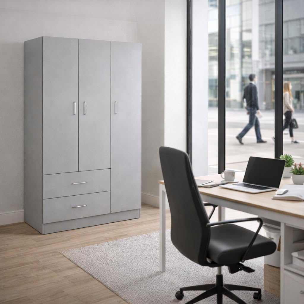 Armadio Guardaroba 80x50x180h CM - 3 Ante, 2 Cassetti, Ripiani, Appendiabiti Alto, Maniglie, Struttura in Legno Truciolare, Spazioso, Salvaspazio, Cabina Armadio, Camera - (Grigio)