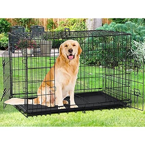 Large Dog Crate 48" Heavy Duty Indoor Outdoor Dog Kennel with Plastic Tray & Divider, Double Door Folding Wire Metal XL Dog Cage for Medium Large Dogs, Black Cover