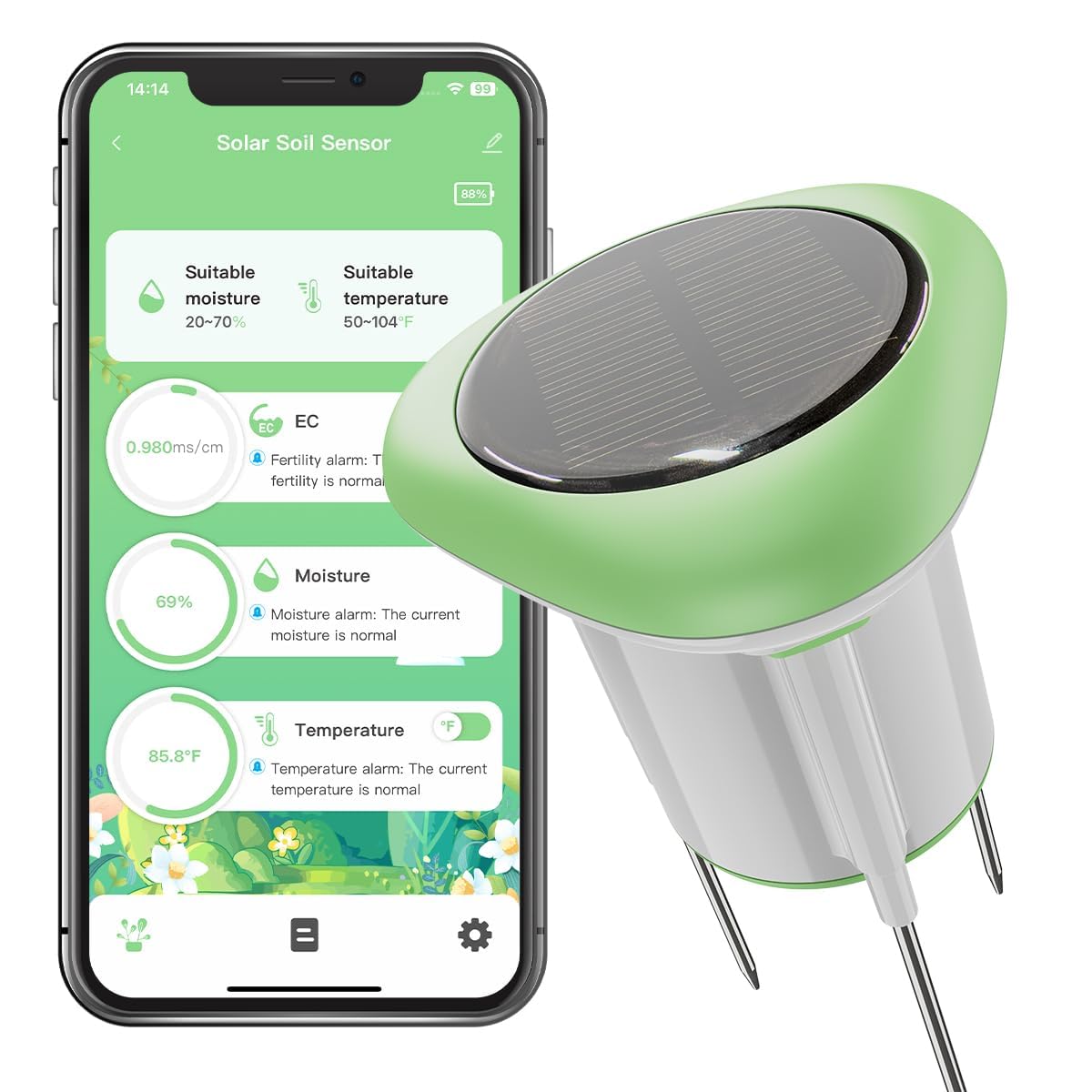 Smart 3-in-1 Bodenfeuchtigkeits-/Temperatur-/Düngemessgerät, digitaler Bodensensor mit Tuya/Smart Life APP-Push-Benachrichtigung für Garten/Landwirtschaft/Rasen