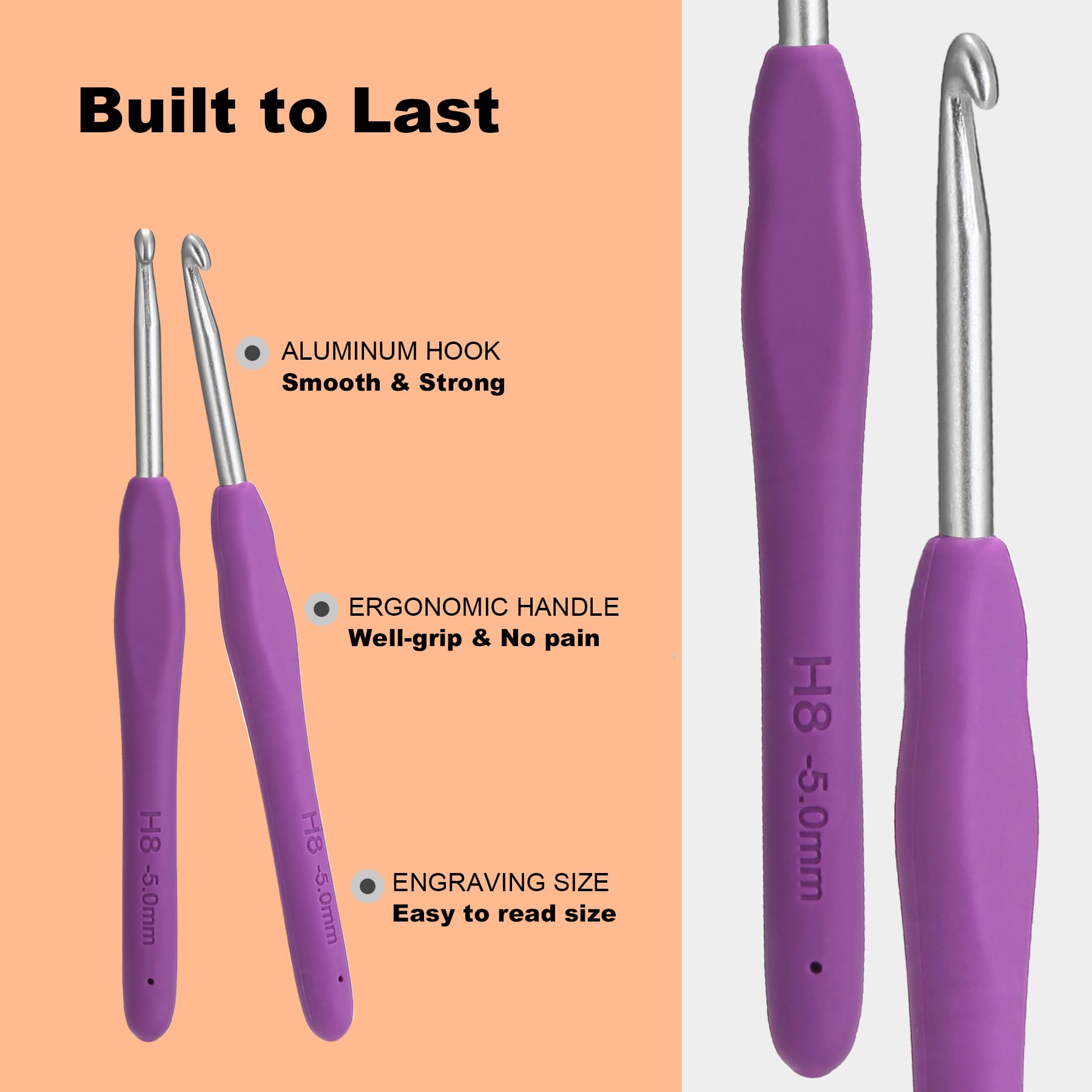 YOJOB Juego de ganchos de ganchillo de 21 tamaños de 0,5 mm a 10 mm, además de accesorios de ganchillo y soporte, juego completo de ganchos ergonómicos para principiantes