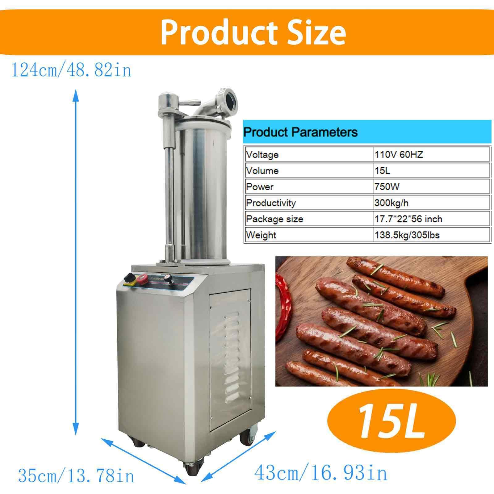 BEILOCKERY 110V 15L Hydraulic Automatic Sausage Filling Machine with 16/20/25MM Filling Nozzle, 300KG/H Production Capability, 750W Stainless Steel Electric Sausage-making Machine