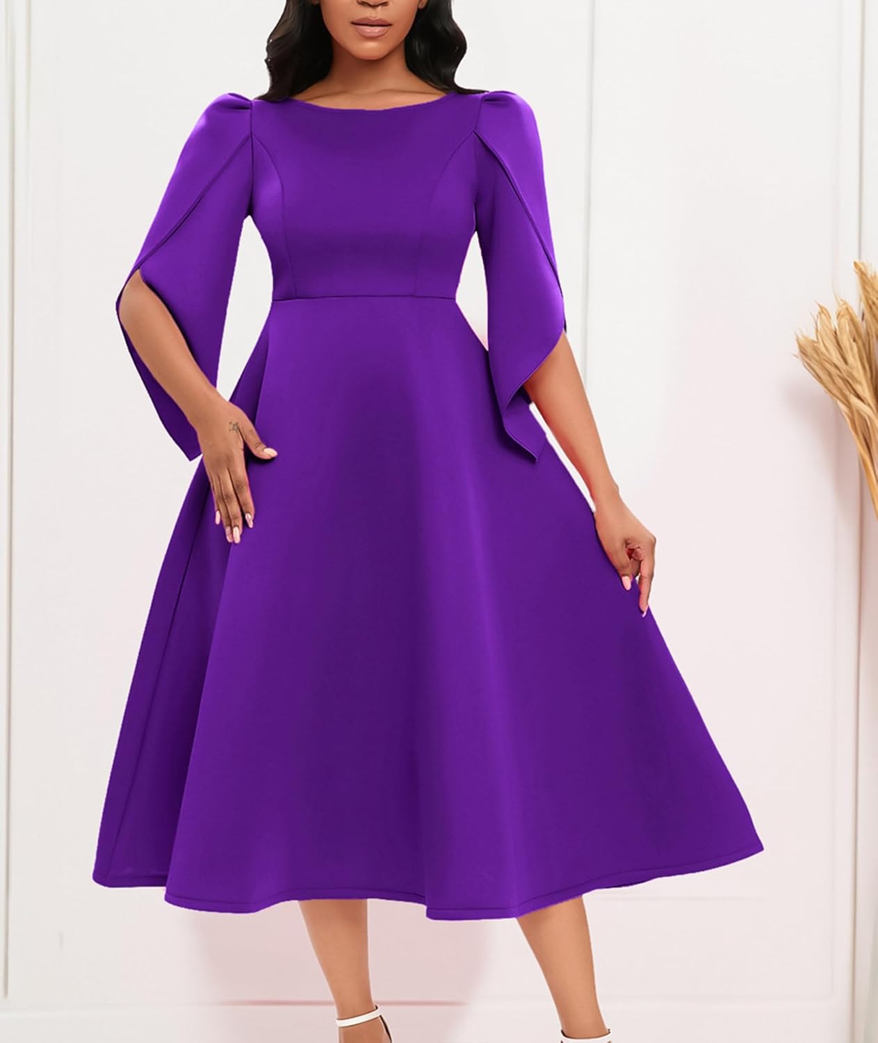 SOMTHRON Women's Elegant 3/4 Petal Sleeve Long Maxi Dress Crewneck A-Line Pleated Swing Formal Cocktail Party Dress - Image 4