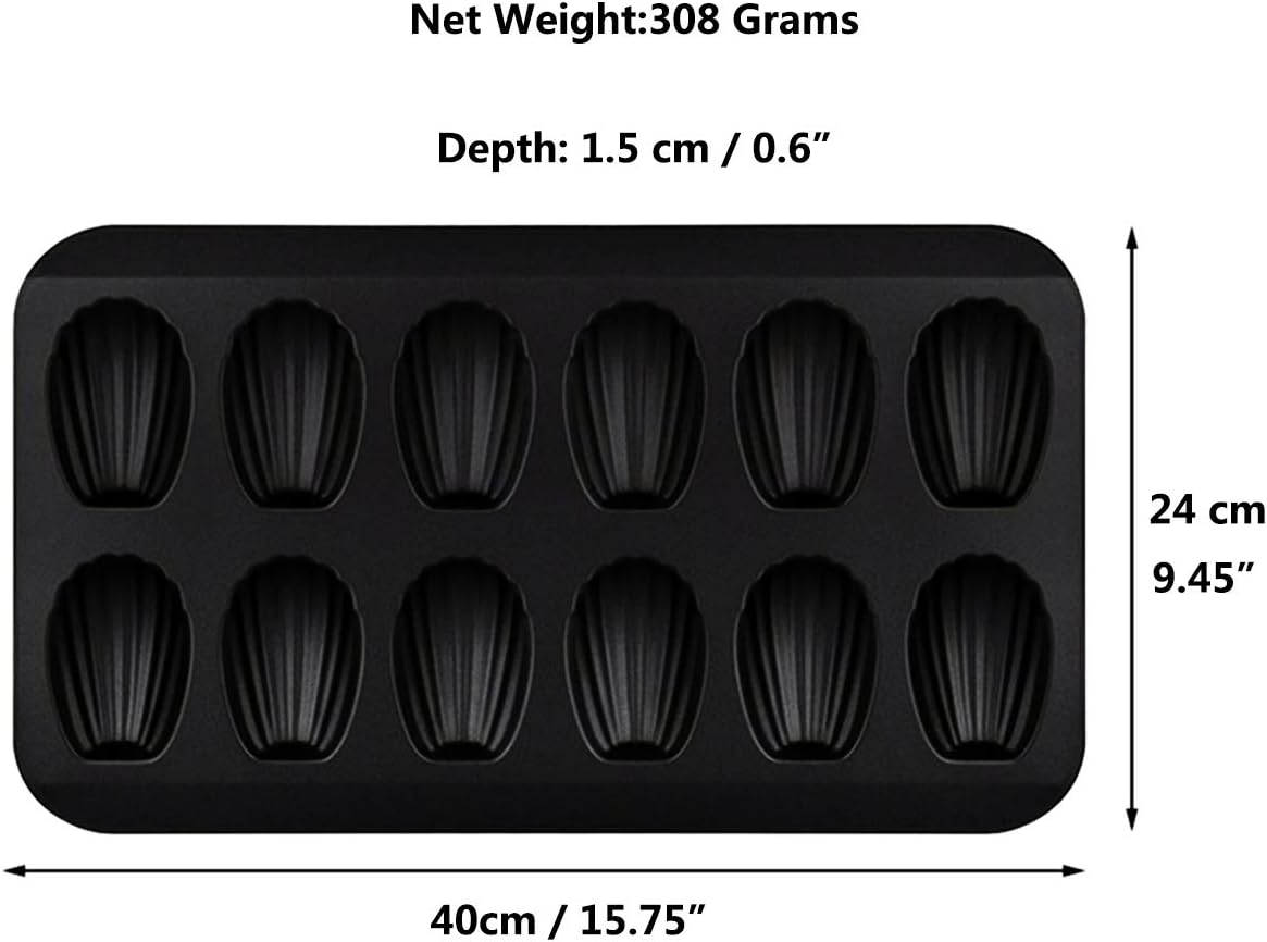 Nonstick Madeleine Pan 12-cup Heavy Duty Shell Shape Baking Cake Mold Tray (Black)