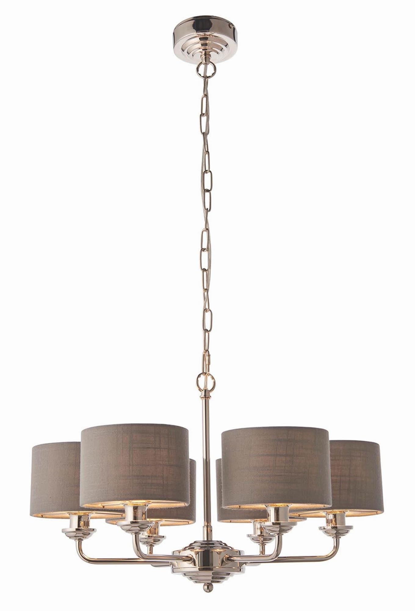 National Lighting Celeste Decorative Pendant Ceiling Light - Bright Nickel 6 Way Multi Arm Pendant with Charcoal Coloured Fabric Shades - Height Adjustable Lamp - E14 Candle - Indoor Dimmable Light