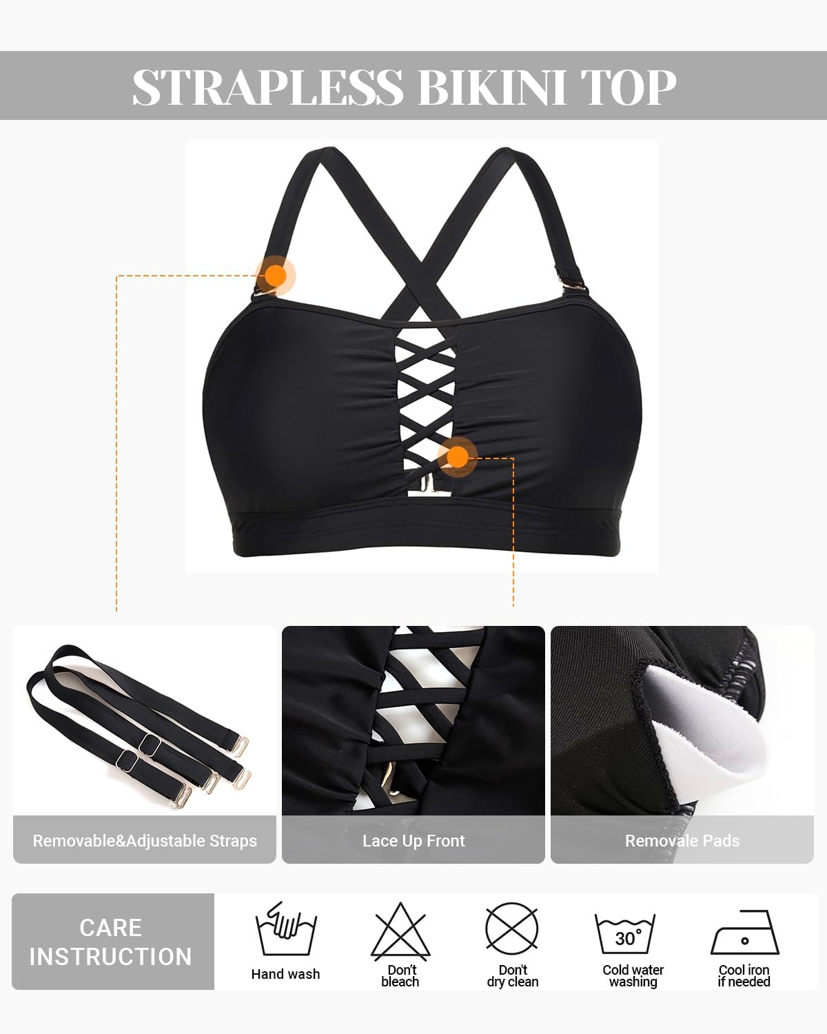 Plus Size Bikini Swimsuit Top - Women Bandeau Swim Top Lace Up Bathing Suit Bra for Large Bust Swimwear - Image 5