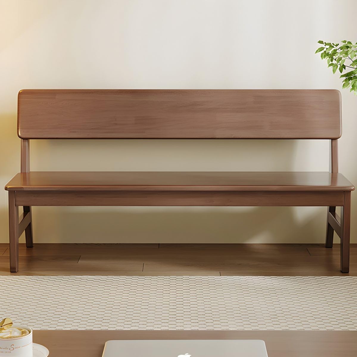 Farmhouse Solid Wood Dining Bench with Backrest, Modern Traditional Farmhouse Dining Furniture Armless, Wooden Entryway End of Bed Bench (Cherry Wood Color, 55" L x 13" W x 34" H)