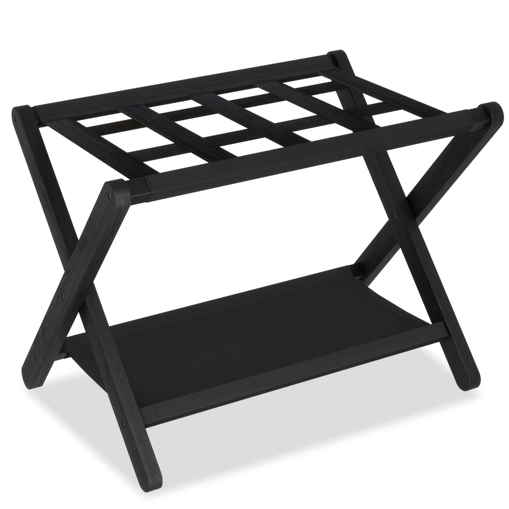 Heybly Luggage Rack, Folding Suitcase Stand with Storage Shelf, Heavy-Duty Luggage Holder for Guest Room Bedroom Hotel, Holds up to 141 lb, Black, HLR010B1