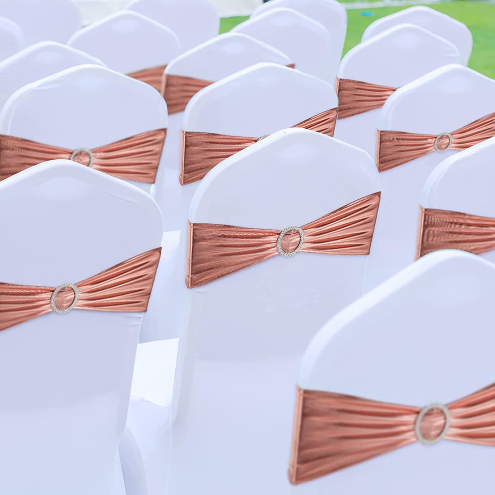 Rozciągliwe szarfy na krzesło ze spandeksu z klamrą suwakiem, uniwersalne elastyczne opaski na krzesła na wesele, ceremonię, przyjęcie, dekoracje bankietowe, różowe złoto (50 sztuk)