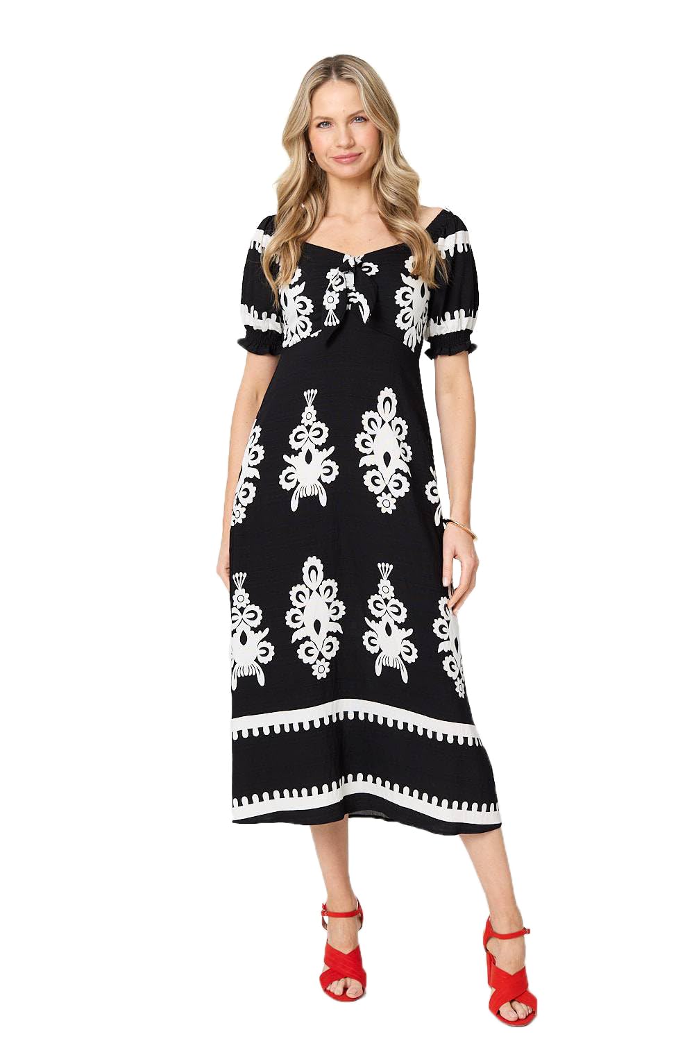 Izabel London Women's Printed Puff Sleeve Tie Front Midi Dress in Black | Size: 16