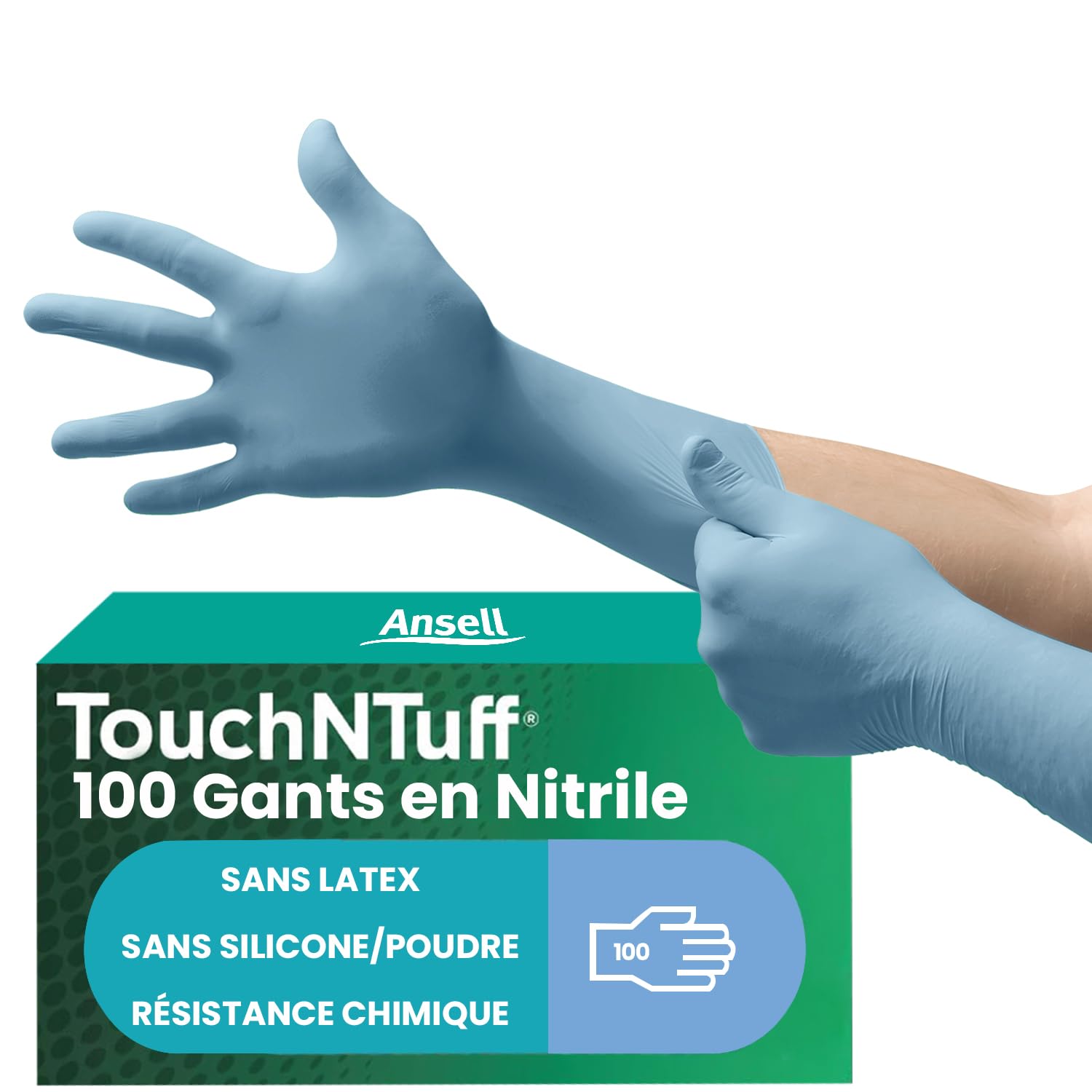 Ansell TouchNTuff 92-665 Gants Jetables en Nitrile, Non Poudrés, Haute Protection Chimique et Mécanique, Contact Alimentaire, Sécurité Industrielle, Sans Latex, Bleu, Taille M (100 Gants)