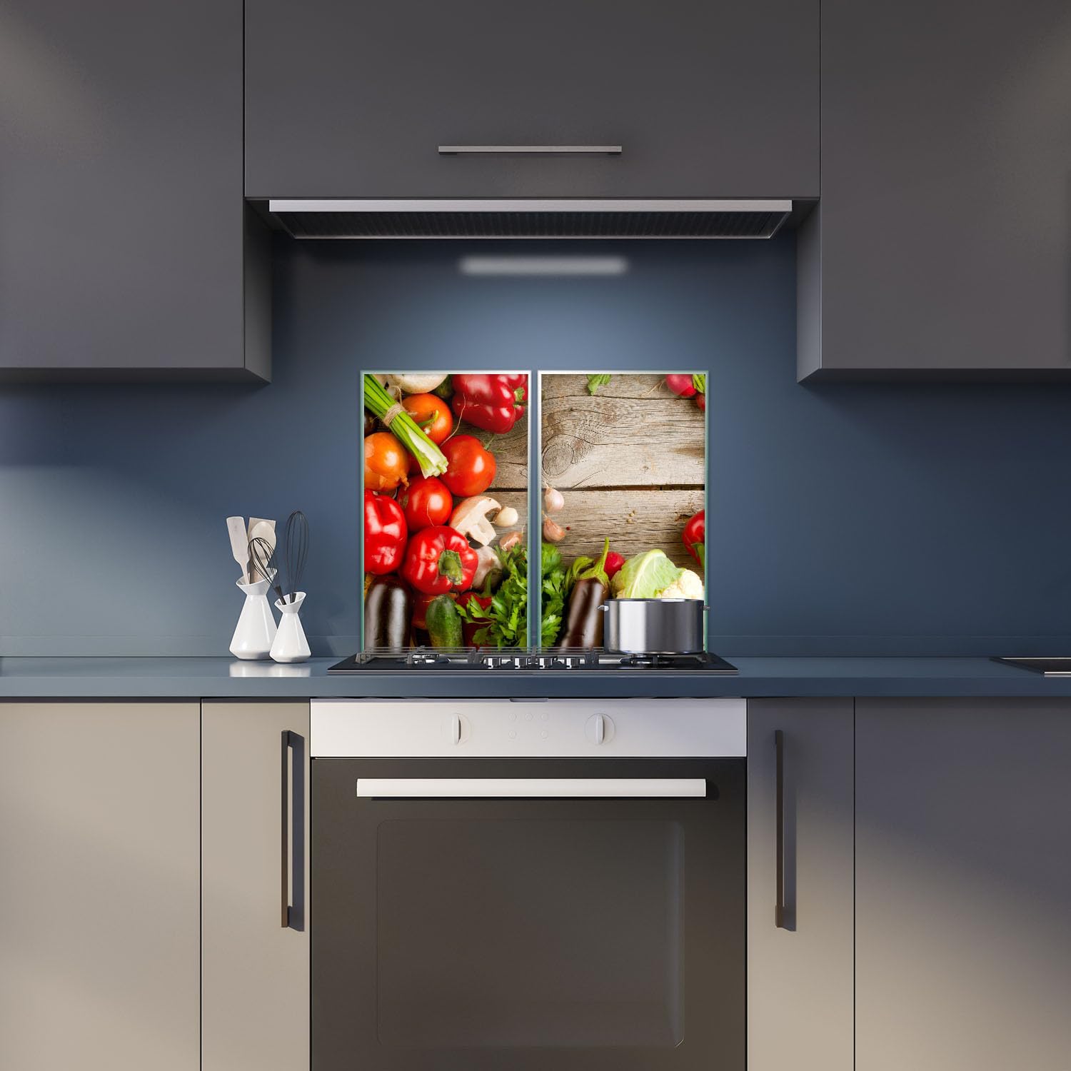 Herdabdeckplatte Abdeckung Ceranfeld Abdeckplatte Schneidebrett 2-Teilig 60x52 Gemüse Mehrfarbig Spritzschutz Glasplatte Ceranfeldabdeckung Schutz Herdschutz Sicherheitsglas Glasschneidebrett 2x30x52