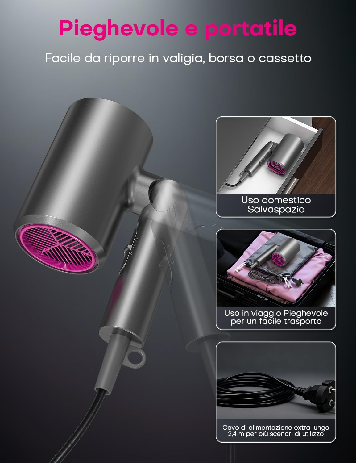 1800W Asciugacapelli Ionico Phone per Capelli Professionale Ioni AC Motore Phon Capelli con 2 Impostazioni di Calore, Tasto Aria Fredda con 1 Diffusore e 1 Concentratori per （Grigio）