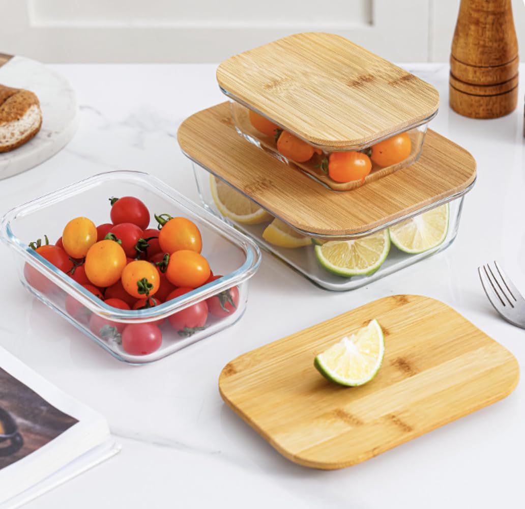 Vellichor Europe Recipientes de vidrio para almacenamiento de alimentos con tapas herméticas de bambú, juego de 3, ecológicos, sin plástico, tamaños versátiles, aptos para microondas y horno,
