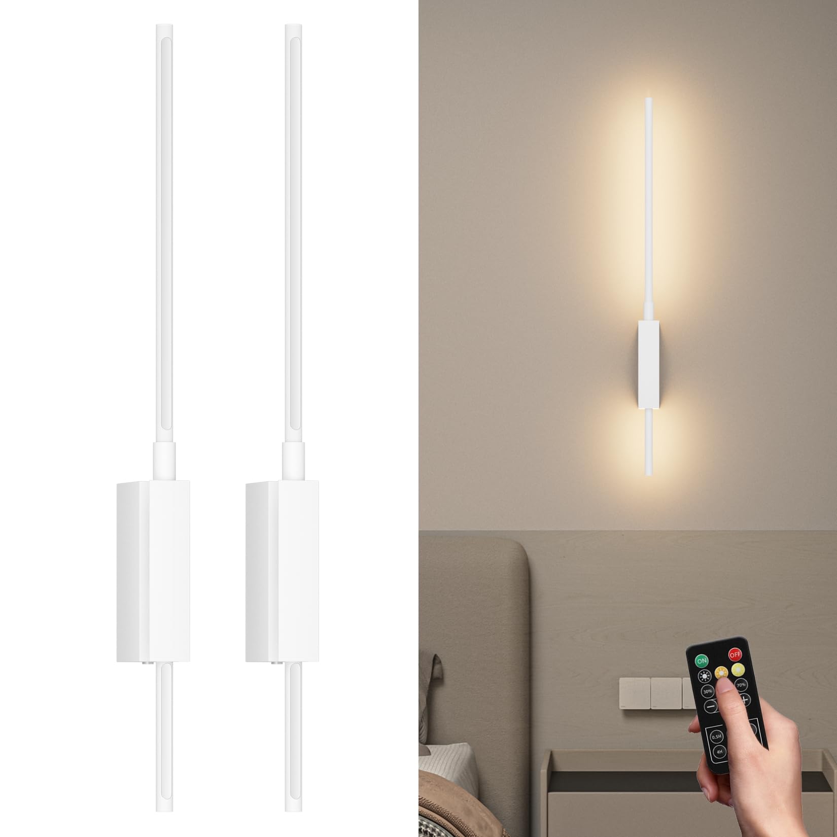 2 Stück 6000mAh Innen-Wandleuchte mit Akku, Weiß, 70CM, 5W, Kabellose Wandlampe mit Fernbedienung mit Timer & Schalter, LED 3000-6000K Dimmbare Touch Wandleuchten für Schlafzimmer und Flur