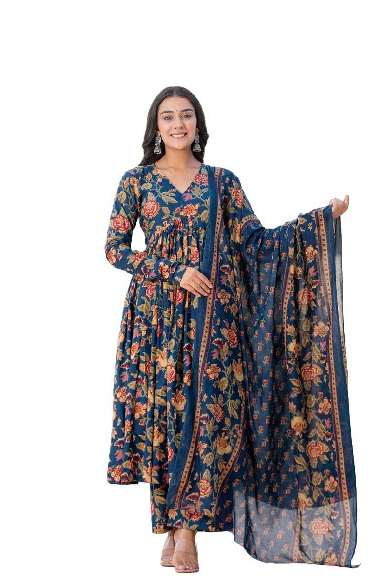 MEERA FABWomen's Cotton Blend V-Neck Anarkali Printed Kurta with Palazzo & Dupatta