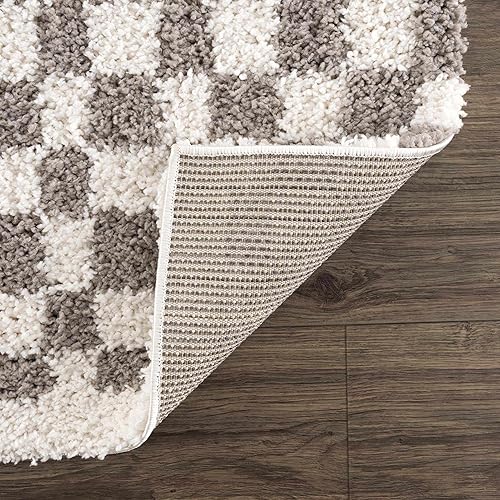 Image of Hauteloom Pixel Contemporary Checkered Fluffy Shag Area Rug - Modern Geometric Soft Carpet Tiles for Living Room, Kids Room, Nursery - Gray, Light Grey, White - 6'7 inch x 9'