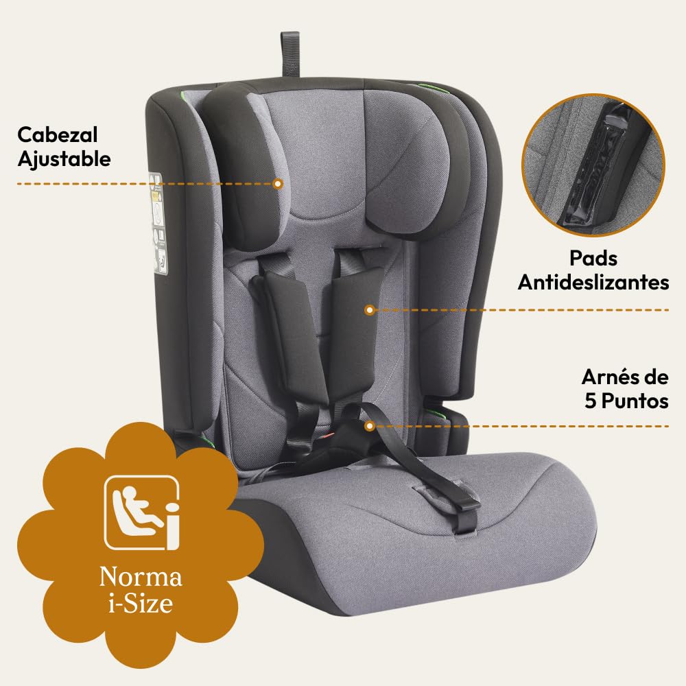 Silla Coche Bebe 76-105 cm hasta 36 kg desde 15 Meses, ECE R129 i-Size Booster Seat 100-150 cm hasta 12 Años, con Funda Desmontable, Cojín Extra de Cabeza y Arnés Ajustable, Gris oscuro