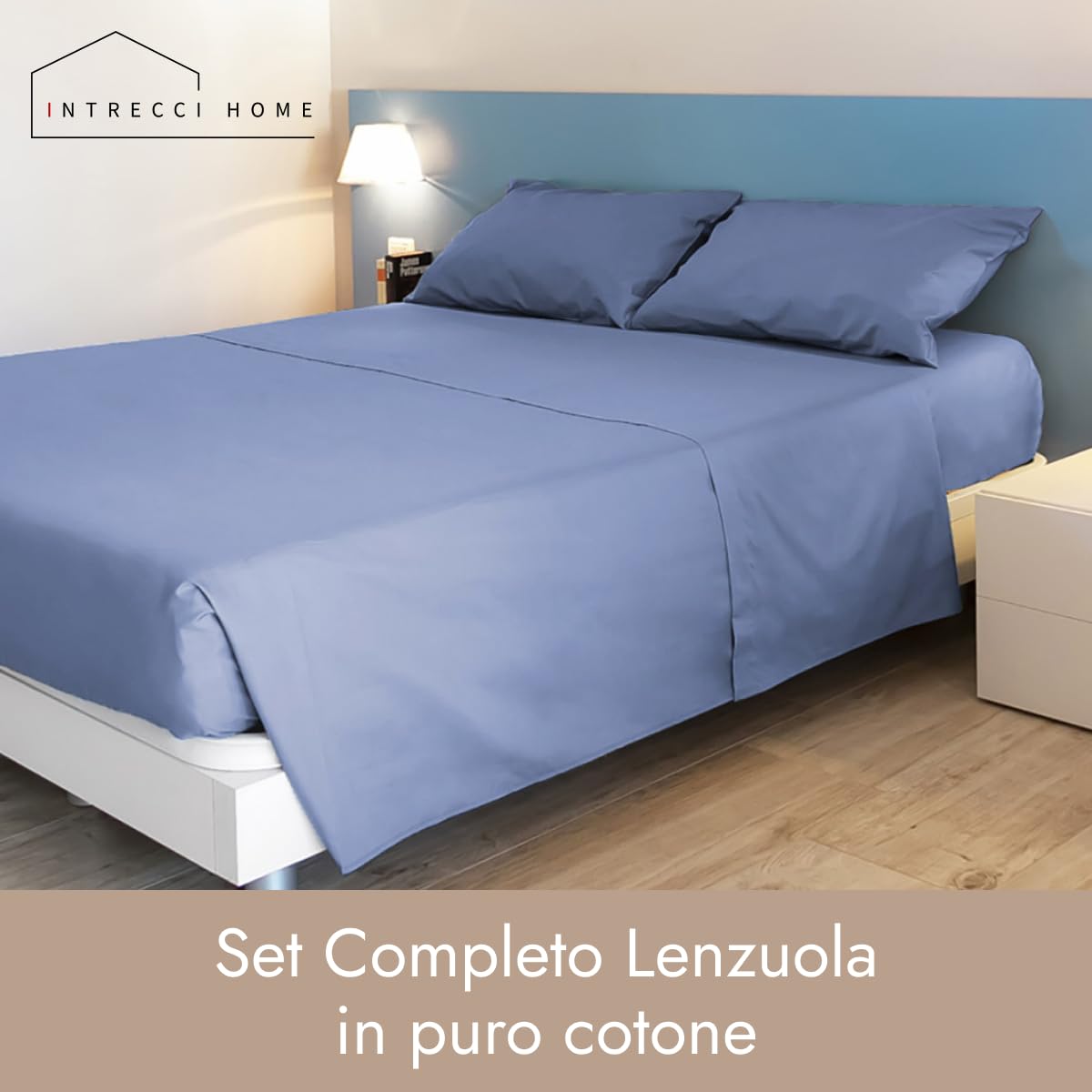INTRECCI HOME Completo Lenzuola Francese, Set Lenzuola in Puro Cotone, Lenzuolo sopra 220x300cm + Lenzuolo sotto 140x200+30cm + 2 federe 52x82cm, Made in Italy, Elegante, Confortevole, Tinta Unita