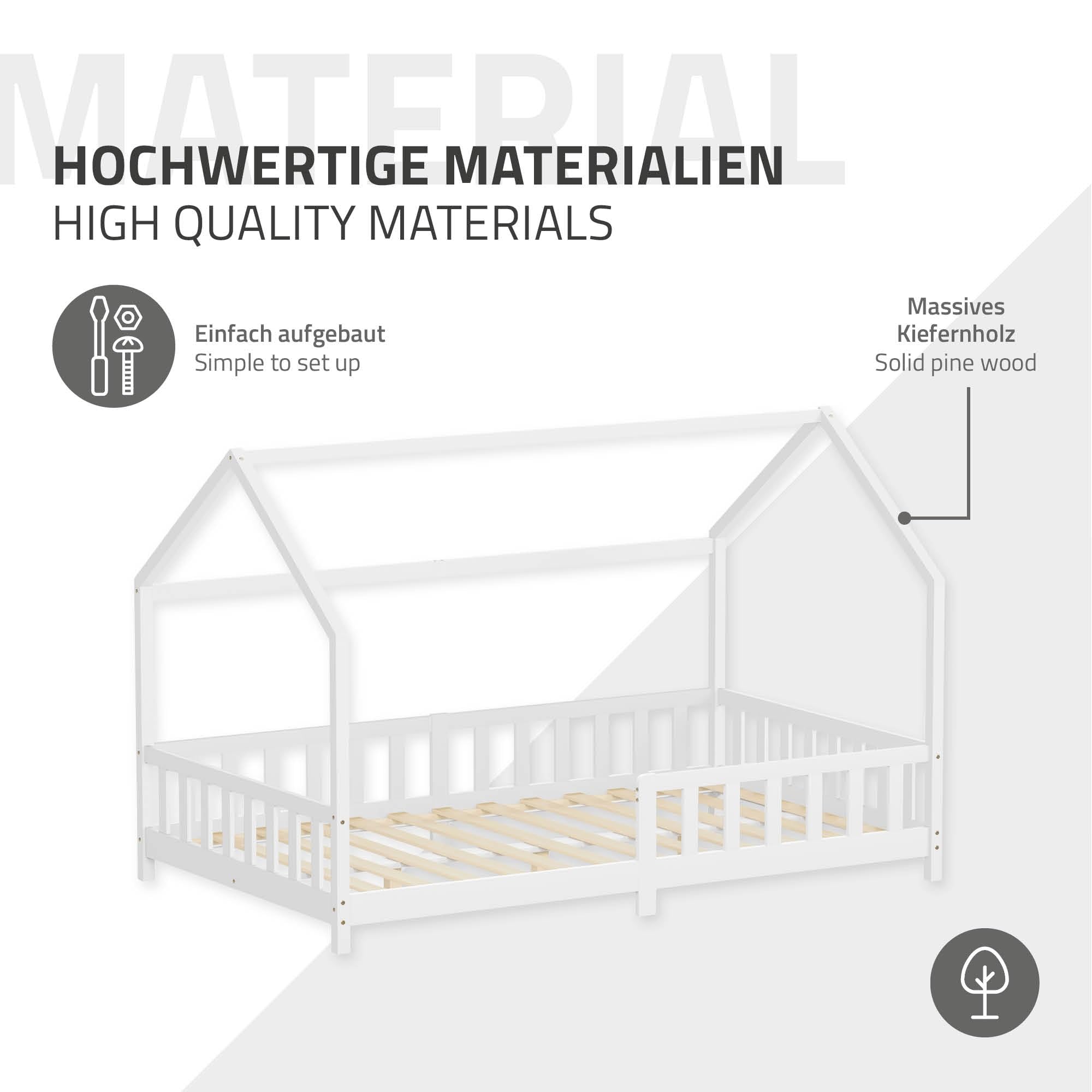 ML-Design Kinderbett Hausbett 120x200 cm mit Matratze, Rausfallschutz, Dach & Lattenrost, Weiß, Bettgestell aus Kiefernholz, Montessori Bodenbett, Holzbett für Mädchen & Jungen, Jugendbett Doppelbett