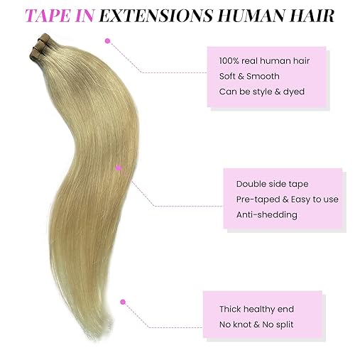 Miniatura 2 de Extensiones de cabello con cinta, extensiones de cabello humano real, color rubio, 22 pulgadas, 1.76 onzas, 20 unidades, extensiones de cabello
