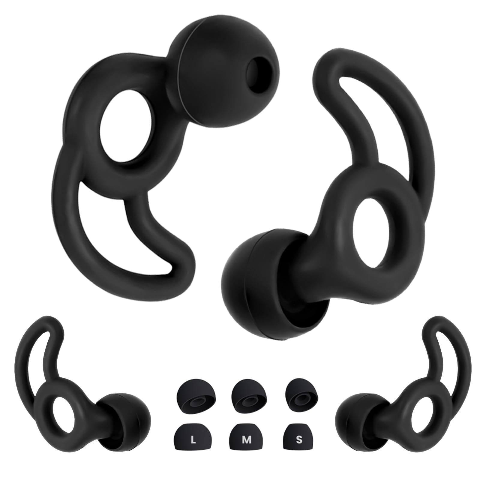 AIOUTGOGO Noise Cancelling Ear Plugs - Soft, Reusable, Replaceable 6 Silicone Tips in S/M/L Sizes for Snoring, Music, Noise Reduction, Sleeping - Children and Adult - Black - 2 Pair