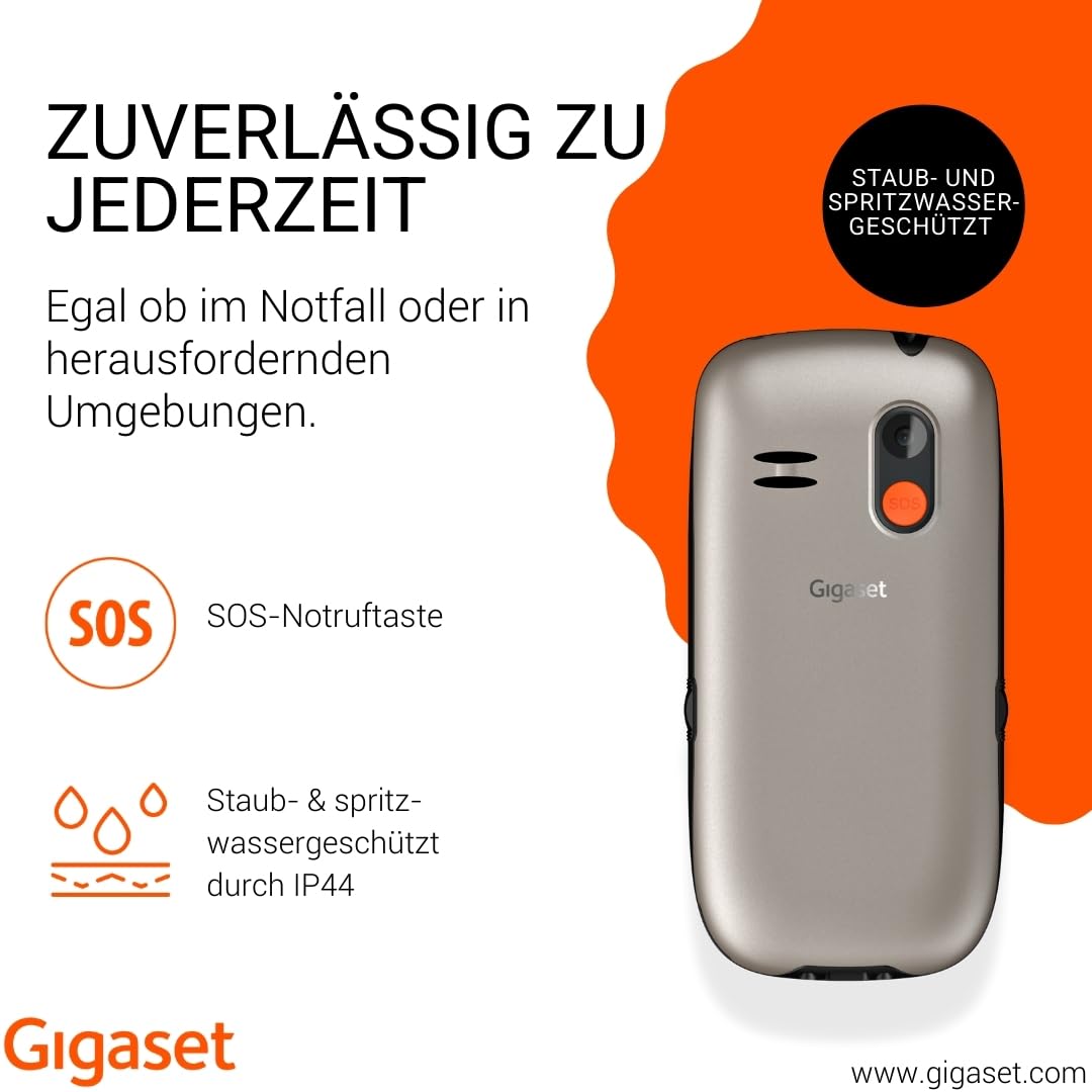Gigaset GL395 Mobiltelefon – einfache Bedienung für Senioren, große Tasten & SOS-Notruftaste – Staub- & spritzwassergeschützt IP44 Schutzklasse – ohne Vertrag – 2,2 Zoll TFT-Farbdisplay, Titanium