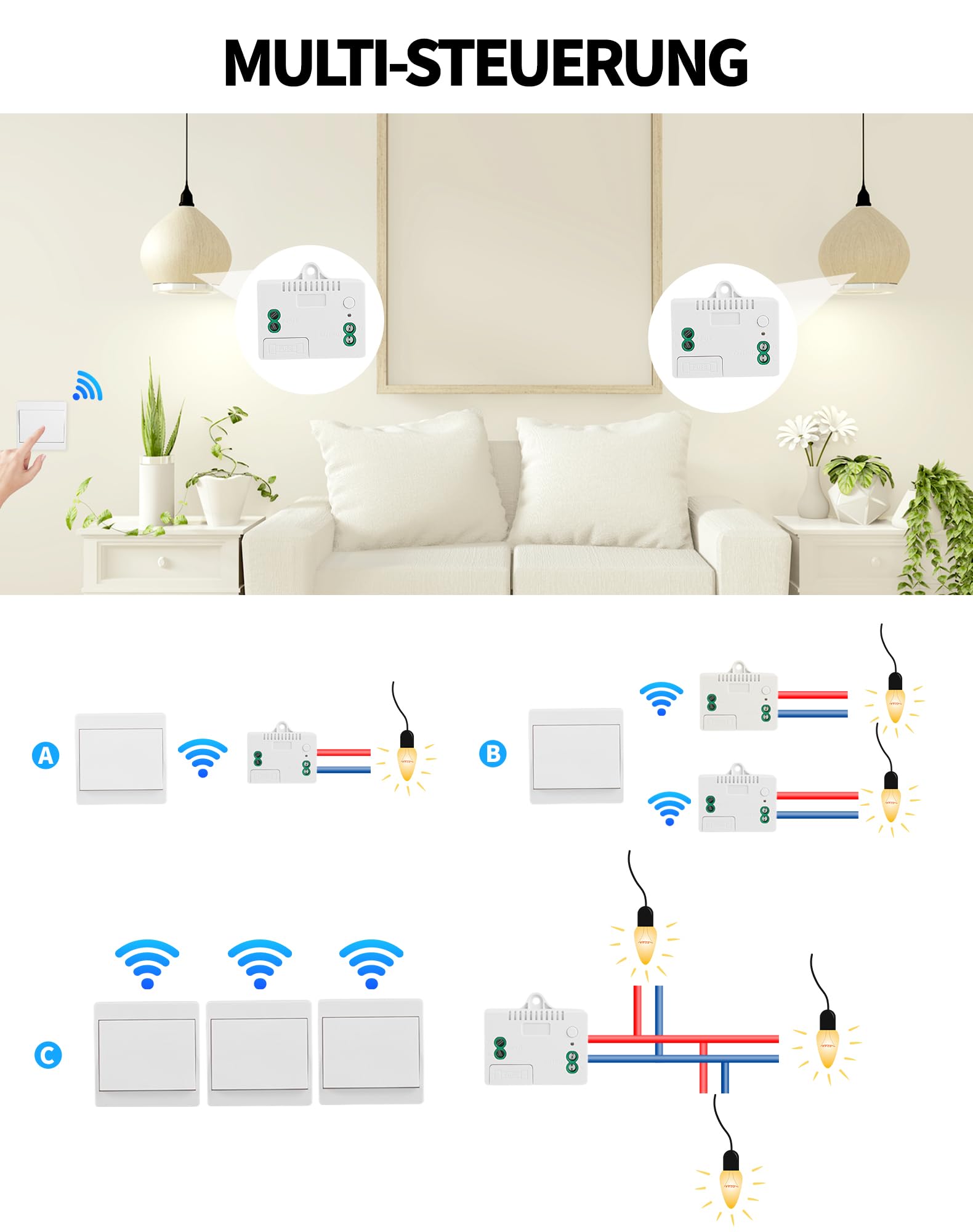 2 Funklichtschalter Ohne Batterie LAOYE 2 Funkschalter mit 1 Empfänger Batterieoser Funk-Wandschalter Keine Verkabelung 2 Lichtschalter mit 10A Empfänger Wireless Lichtschalter Fernbedienung bis 50m