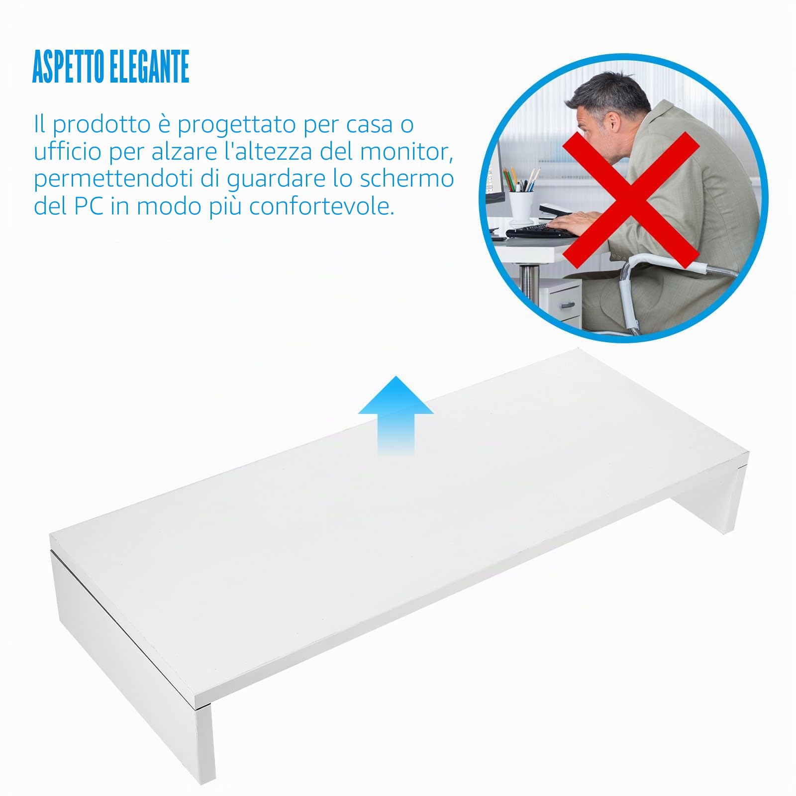 Supporto per Monitor da Scrivania, Rialzo per Schermo e Notebook, Pannello MDF Ecologico, Bianco, per Casa e Ufficio, Design Elegante