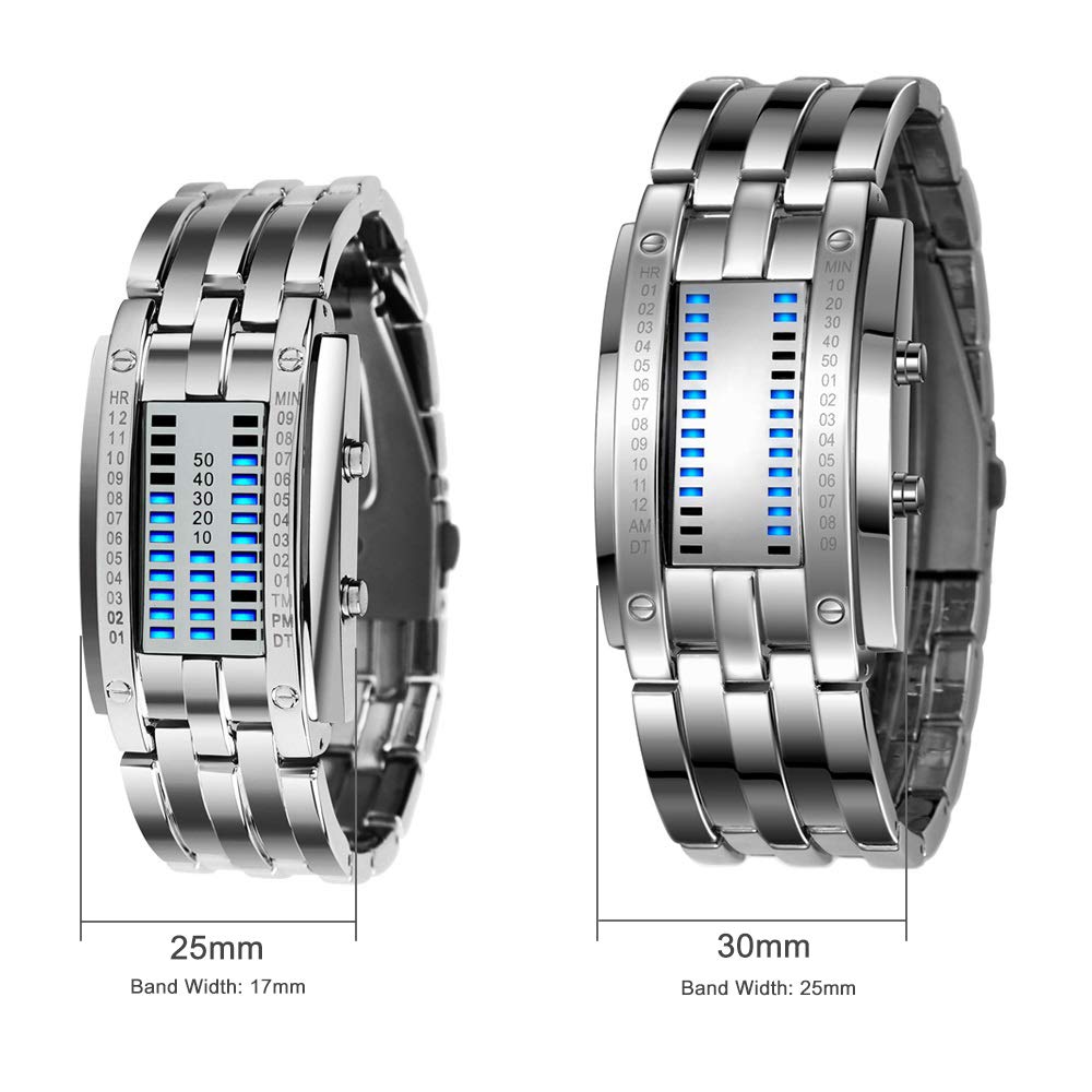 Binario Relojes Digitales de Hombre y Mujer Rectangular Acero Inoxidable del Bisel Azul LED Luminosidad Fashion Unico Casual Calendario Reloj de Pulsera, Plateado