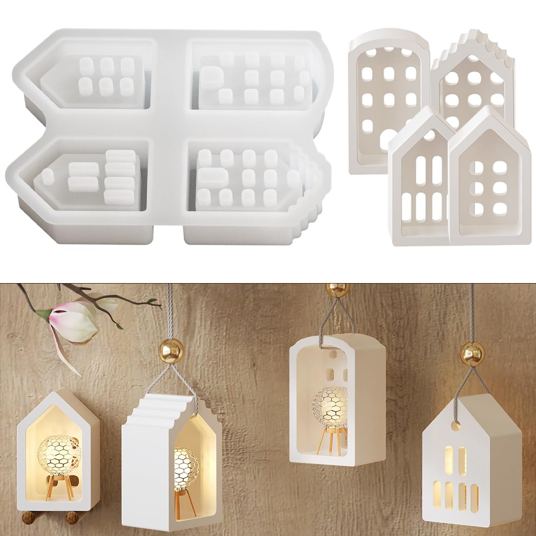 Voyyphixa 4PCS 3D House Silicone Moulds Candle Holder Resin Mould Home Christmas Ornaments Mould Epoxy Resin Casting Moulds for DIY Candle Soap Cake Clay Crafts