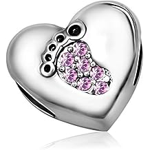 KunBead January-December Birthstone Footprint Heart Birthday Love Bead Charms Compatible with Pandora Bracelet for Mom Daughter Grandma Granddaughter