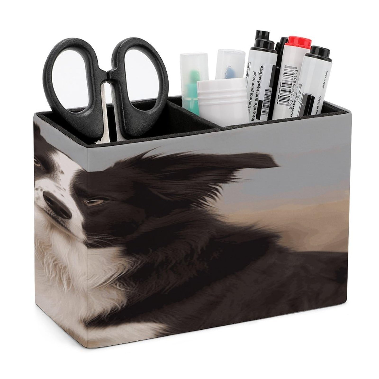 VstaDank Border Collie Pen Holder Double Compartments Pen Cup Fashion Makeup Brush Holders Leather Pencil Holder for Work Locker Accessories Modern Pencil Cup for Desk Organizer