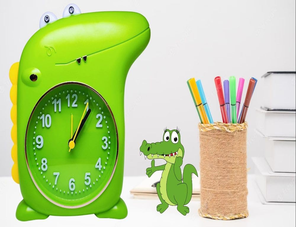 LIGHTER HOUSE� Cutest Crocodile Table Alarm Clock with Pen Stand for Kids Room Study Table Clock - Mix Colour
